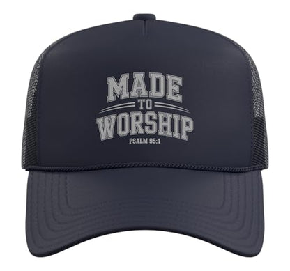 Made to Worship The Lord God Bible Christian Faith Trucker Hat with Adjustable Mesh Back - color: Navy Blue