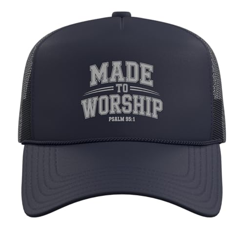 Made to Worship The Lord God Bible Christian Faith Trucker Hat with Adjustable Mesh Back - color: Navy Blue