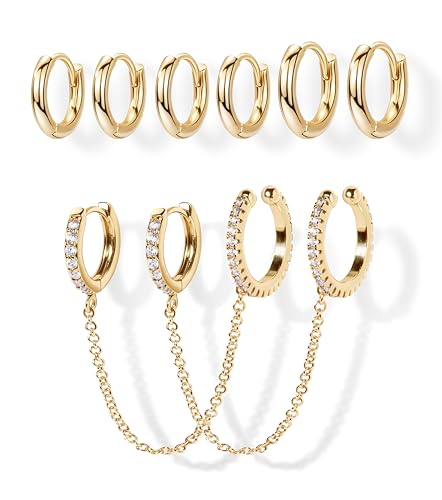 Small Gold Huggie Hoop Earrings Set for Women Men Hypoallergenic 14K Plated Stack Cartilage Earrings, Sterling Silver Multiple Piercing Lightweight Mini Thin Cute Dainty Trendy Jewelry Gifts for Women - color: Gold-Cuff Chain
