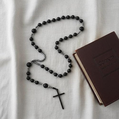 Nazareth Store Jasper Rosary Necklace – Catholic Handmade Rosary with Stone Beads, Hematite Spacers, and Black Alloy Cross – Durable Prayer Beads for Men and Women - color: Black onyx