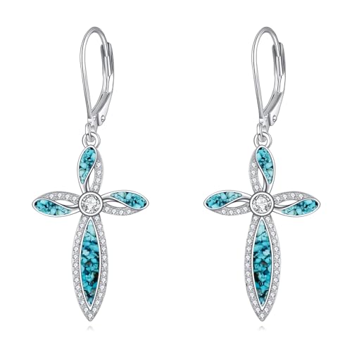 Cross Earrings 925 Sterling Silver Dangle Earring Gifts for Women - style: b-Turquoise