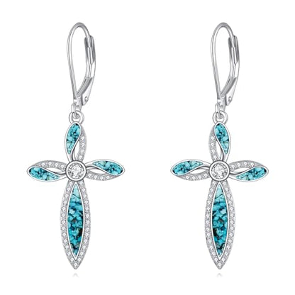 Cross Earrings 925 Sterling Silver Dangle Earring Gifts for Women - style: b-Turquoise