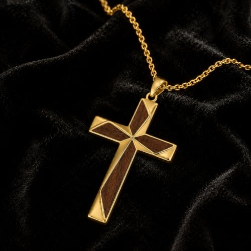14K Gold Plated Wood Cross Necklace for Men Christian Pendant Jewelry - color: A01-Cross
