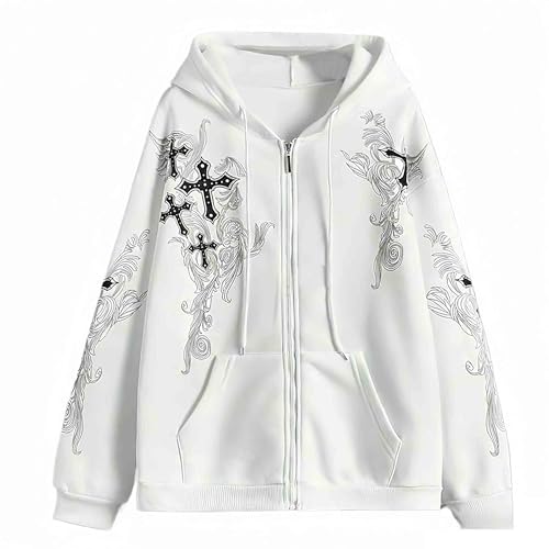 Zip Up Oversized Hoodies Women Men, Graphic Gothic Jackets Cross Hoodie, Baggy Streetwear Fleece Sweater Unisex - color: White, size: Small