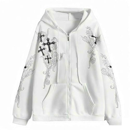 Zip Up Oversized Hoodies Women Men, Graphic Gothic Jackets Cross Hoodie, Baggy Streetwear Fleece Sweater Unisex - color: White, size: Small