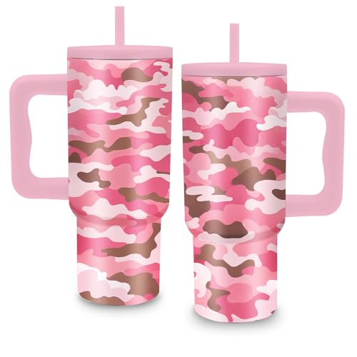 24 oz Pink Leopard Camouflage Tumbler with Handle and Straw, Leopard Gifts - color: Pink Camouflage
