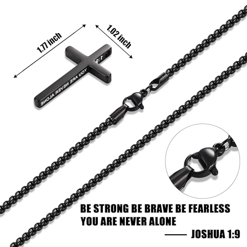 Fiusem Cross Necklace for Men, Stainless Steel Cross Pendant STXL023 - color: Black, size: 18", style: JOSHUA 1:9