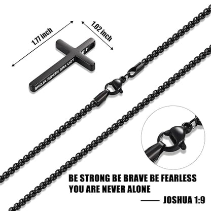 Fiusem Cross Necklace for Men, Stainless Steel Cross Pendant STXL023 - color: Black, size: 18", style: JOSHUA 1:9