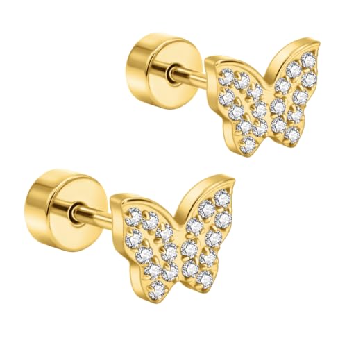 XUU 20G Flat Back Stud Earrings ASTM F136 Titanium & Sparkling CZ - color: gold butterfly