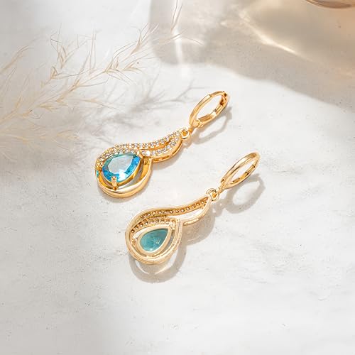 18K Gold Plated, Dangle Earrings for Women, Flower/Heart Drop earrings, Hypoallergenic Cubic Zirconia Earrings, Lightweight, Party, gold earrings, Jewelry for Gifts, Fashion - style: 0833-Blue