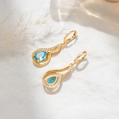 18K Gold Plated, Dangle Earrings for Women, Flower/Heart Drop earrings, Hypoallergenic Cubic Zirconia Earrings, Lightweight, Party, gold earrings, Jewelry for Gifts, Fashion - style: 0833-Blue