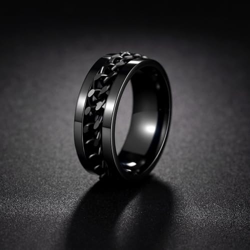 Mens Fidget Rings Anxiety Ring for Men 6mm 8mm Chain Spinner Ring Size 5-14 - color: Black Black