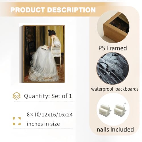 Victorian Lady Reading Framed Canvas Wall Art 12x16 inch - color: White dress, size: 12"x16" Natural