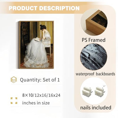 Victorian Lady Reading Framed Canvas Wall Art 12x16 inch - color: White dress, size: 12"x16" Natural