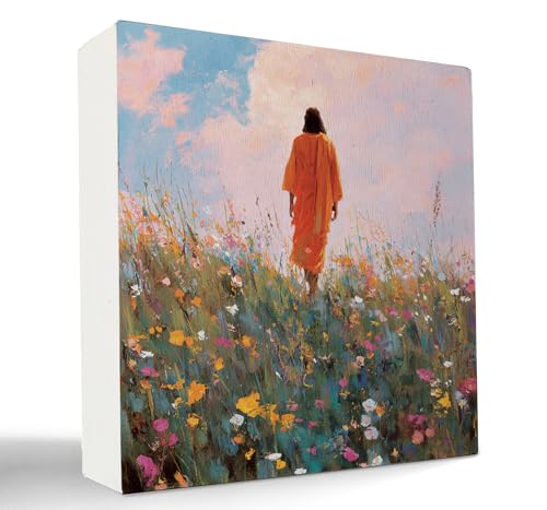 Jesus in Flower Field Christian Wooden Box Sign, Floral Jesus Religious Faith Wood Signs for Home Office Prayer Room Desk Shelf Tabletop Decoration, 5x5 Inch - color: Jesus in Flower Field
