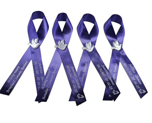 Personalized Memorial Service Funeral Ribbon Pins 20 Cross Religious Celebration of Life Custom Made Awareness Remembrance Anniversary Death Cross Sympathy Name Angel - color: purple