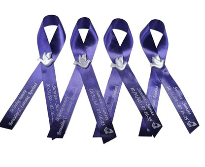 Personalized Memorial Service Funeral Ribbon Pins 20 Cross Religious Celebration of Life Custom Made Awareness Remembrance Anniversary Death Cross Sympathy Name Angel - color: purple