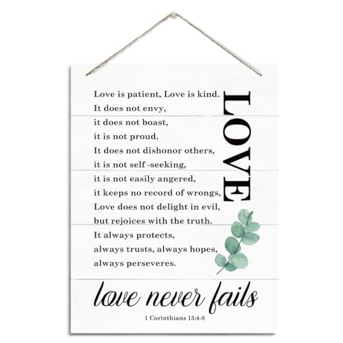 Rustic Hanging Wood Plaque Sign - Christian Decor for Home Wall, 1 Corinthians 13:4-8 - Love is Patient, Kind, Fails Not - color: 1 Corinthians 13:4-8