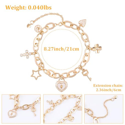 Boho Cute Gold Charm Link Bracelet for Women Starfish Clover Cross Star Lock Key Heart Pearl Charm Bracelets Vacation Spring Summer Santa Claus Reindeer Christmas Party Jewelry Gifts for Womens - style: Gold Lock and Key Charm
