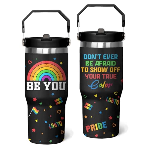 Rainbow Pride Flag Tumbler, Retro Be You Travel Mug, Gay Pride Cups Lesbian Gifts for Women Men, 30 Oz Stainless Steel Tumbler With Handle & Straw, LGBTQ Awareness Month Gifts - color: LGBTQ Awareness Tumbler-2