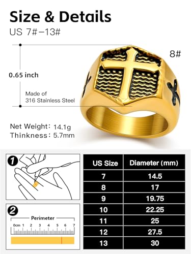 Christian Cross Rings for Men - Stainless Steel Jesus Jewelry with Celtic Knot Sides (Gold/Black/Silver) - Catholic Religious Gift, Size 7-13 - color: C-Gold-Cross