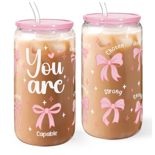 SANDJEST Christian 16oz Can Glass Tumbler with Acrylic Lid & Straw, Iced Coffee Cup for Women Girls, Aesthetic Cups Gifts for Birthday Christmas - color: Inspiration 5
