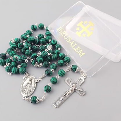 Catholic Town Rosary Necklace 8mm Malachite Beads with Miraculous Medal center piece and metal Crucifix cross (ROSJST-MAL)