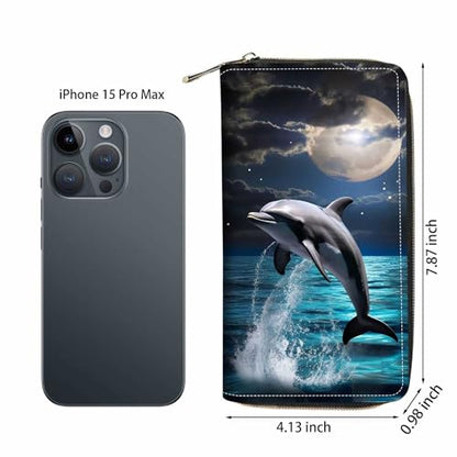 Dolphin Under The Moon Print Wallet for Women Large Capacity Wallet Credit Card Holder PU Leather Zipper Clutch Purse Phone Wallet - color: Dolphin Under The Moon