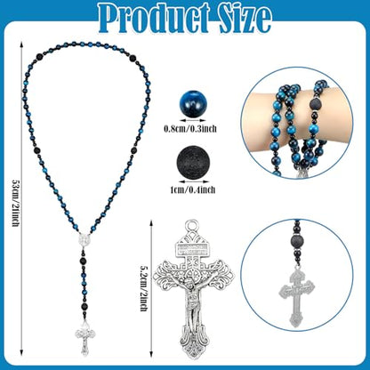 Huwena Rosary Beads Catholic for Men Blue Necklace Tiger Eye Beads with Medal Cross Prayer Crucifix Handmade Gift Supplies for Men Women 20.87 in Our Lady of Grace Rosary Cross Necklace Catholic Gifts