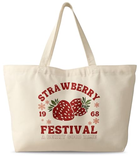 Miss Adola Large Tote Bag for Women - Canvas Tote Bag with Zipper Aesthetic Reusable Shoulder Bag for Gym, Travel, Work - style: Strawberry Festival