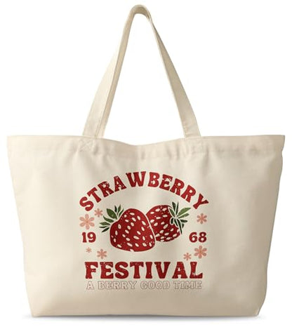 Miss Adola Large Tote Bag for Women - Canvas Tote Bag with Zipper Aesthetic Reusable Shoulder Bag for Gym, Travel, Work - style: Strawberry Festival