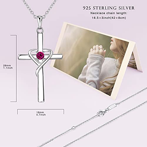 AmorAime 925 Sterling Silver Cross Necklace for Women Men 14K Gold Plated 5A CZ Birthstone Necklaces for Holiday - color: G.Dark Red-July-Ruby
