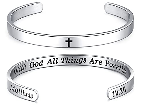 MUERDOU Inspirational Cuff Bracelet Bangle for Women Christian Bible Verse Bracelet Prayer Faith Religious Stainless Steel Bangle Gifts for Her - style: With God All Things Are Possible