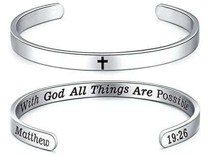 MUERDOU Inspirational Cuff Bracelet Bangle for Women Christian Bible Verse Bracelet Prayer Faith Religious Stainless Steel Bangle Gifts for Her - style: With God All Things Are Possible