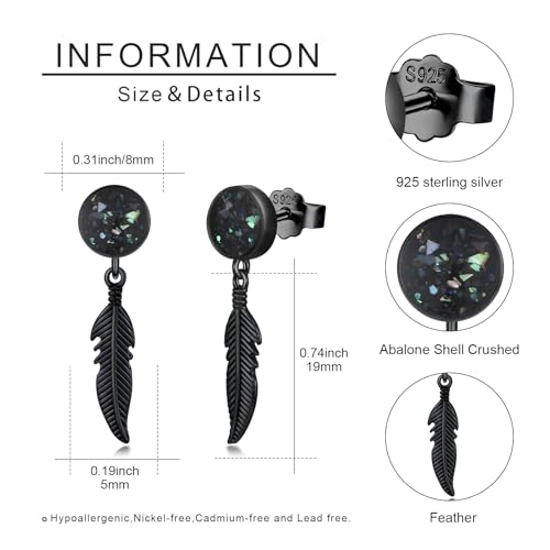 Black Dangle Drop Earrings 925 Sterling Silver Turquoise Earrings Jewelry Gifts for Women Men - style: Feather-Abalone