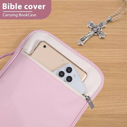 GERMUN Bible Cover with Durable Handle, Carrying Book Case Church Bag Bible, Protective with Zippered Pocket, Bible Accessories Supplies, Book Protector for Book Lovers, WhitePink - color: White&Pink