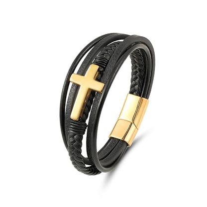 Mens Leather Cross Bracelet Braided Multi Layer Wristband with Stainless Steel Clasp - Christian Religious Gifts for Him(Brown/Black/Blue) - color: Black Leather&Gold Plated, size: 9in(Fits larger wrists)
