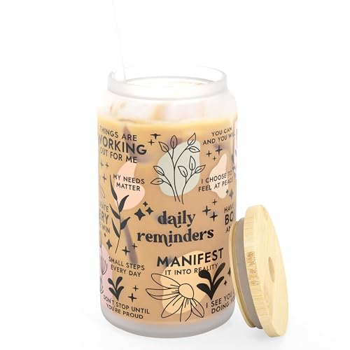 Daily Affirmation Iced Coffee Cup [Frosted], 16 oz Glass Cups with Bamboo Lids and Straws |Mason Jar Drinking & Glass Tumbler with Straw and Lid | Boba Cup, Beer Can for Mental Health - color: Clear