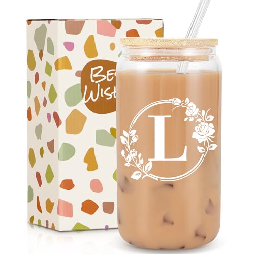 Birthday Gifts for Women, Monogrammed Initial Glass Cup Personalized Gifts for Women, 16oz Glass Cups with Lids and Straws, Iced Coffee Cup, Beer Can Shaped Glass - Gifts for Mothers Day, Christmas, L - style: L