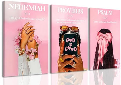 DAXINGJ Pink Christian Wall Art Set of 3, Black Girl Framed Prints - color: Pink Black Woman Bible, size: 16"L x 12"W