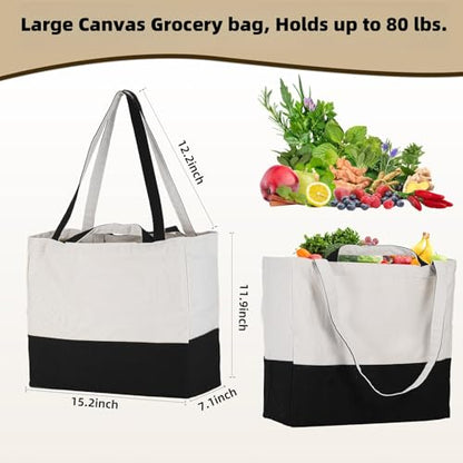 3 Pack Canvas Grocery Bags with Long Shoulder Strap and Short Handle（Black） - color: Black-3pack
