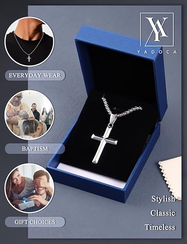 YADOCA 925 Sterling Silver Cross Necklace for Men - 3mm Stainless Steel Box Chain Silver Cross Chains Beveled Edge Crucifix Cross Pendant Necklace Jewelry for Women Mens 16-24 Inches
