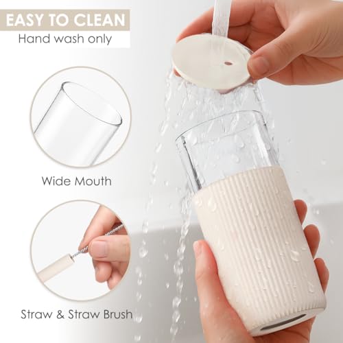 SANDJEST Glass Tumbler with Straw and Lid, Glass Water Bottle with Silicone Sleeve 20oz, Smoothie, Iced Coffee Cup, Gifts for Women Teen Girls Birthday Christmas (Cream) - color: Cream