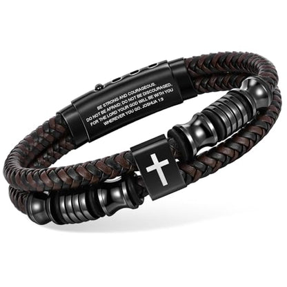 Christian Brown Leather Bracelet for Men - Double-Row Braided Leather Faith Cross Bracelets Bangle Religious Baptism Inspirational Bible Verse Jewelry Gift for Young Men Teenage, Adjustable Wristband - color: JOSHUA 1:9