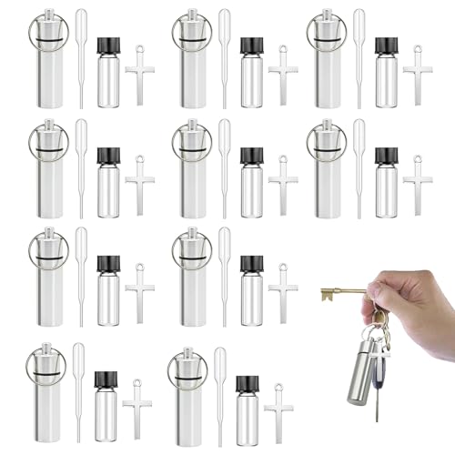 10 Pcs Holy Oils Bottle Anointing Oil Bottles Keychain Vial with Eyedropper Cross Pendant for Travel Baptism Favor Church Wedding Communion Favor (Silver)