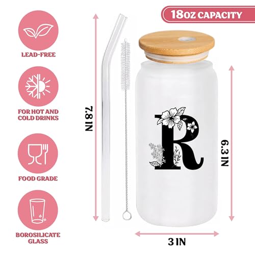 Monogrammed Initial Glass Cup Personalized Gifts for Women 16oz Initial Letter Glass Cups w/Lids Straws Birthday Valentine Mothers Day Gift for Her, R - color: Letter Cup-R