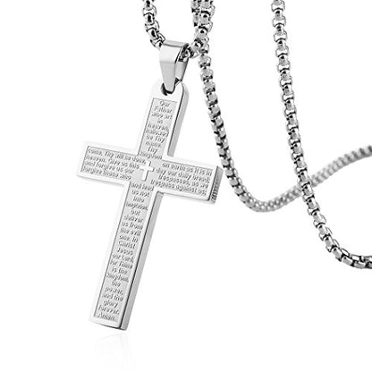 HZMAN Stainless Steel Cross Necklace for Men Women Lord's Prayer Pendant - color: Silver