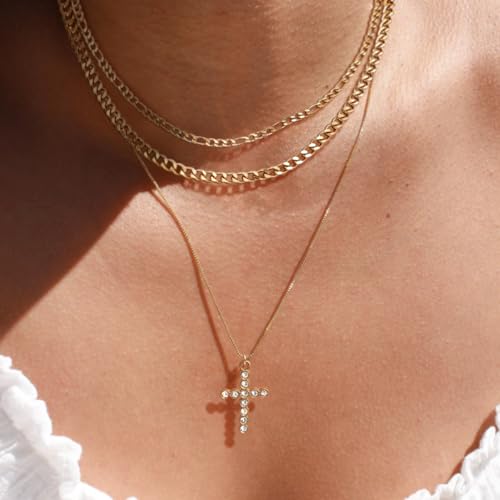 Sterling Silver Cross Necklace for Women Girls Dainty Gold Necklace Stack Non Tarnish Layered Necklaces CZ Cross Pendant Choker Figaro Box Chain Link Layering Stackable Necklaces Trendy Jewelry Gift - color: Gold