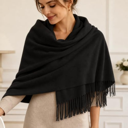 Fall Winter Plaid Scarf for Women Soft Tassel Scarves Oversized Shawl Wraps - color: Black
