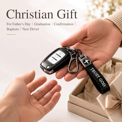 Christian Cross Leather Keychain for Men – Christian Gift for Dad Husband Son - color: Black – Trust God